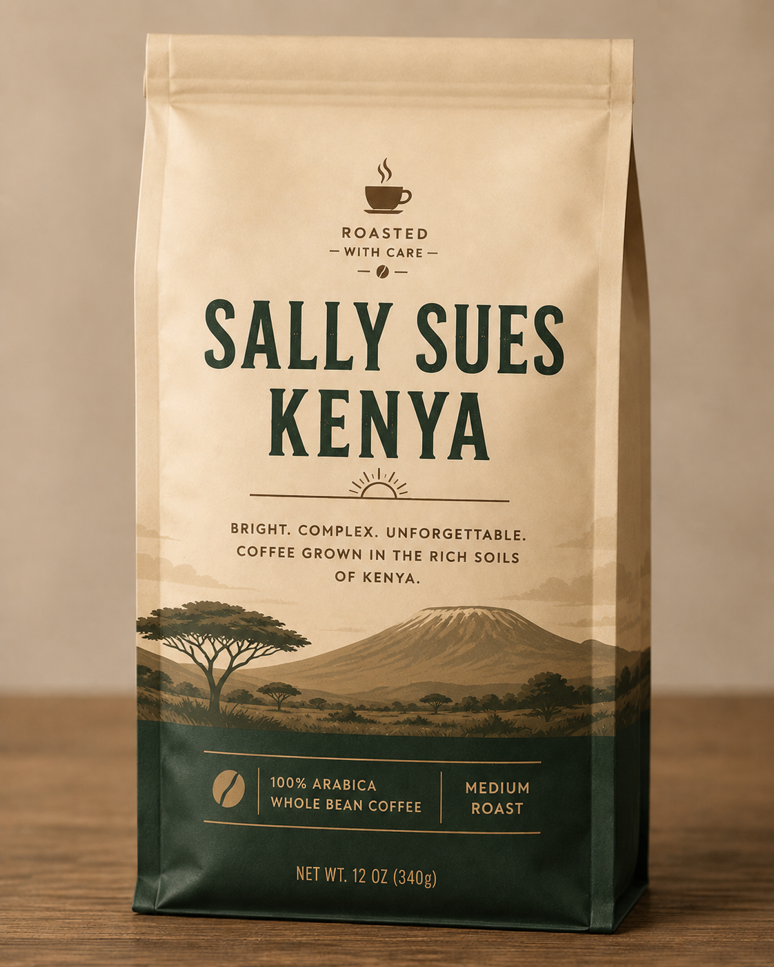 Bag of Sally Sue's organic fair trade Kenya coffee